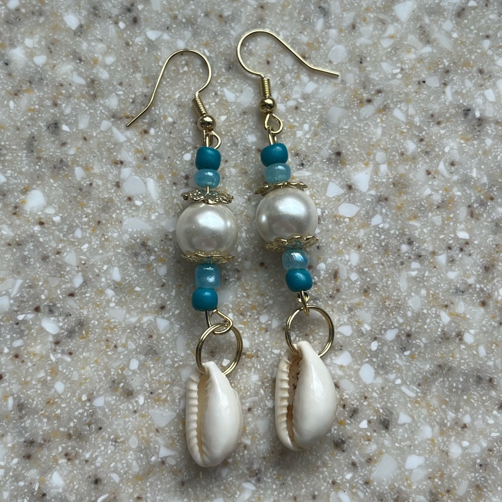 Gold and Turquoise Beaded Shell Earrings